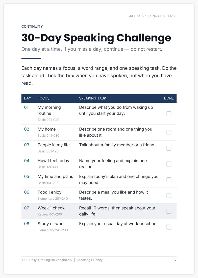 Preview page showing the 30-Day Speaking Challenge.