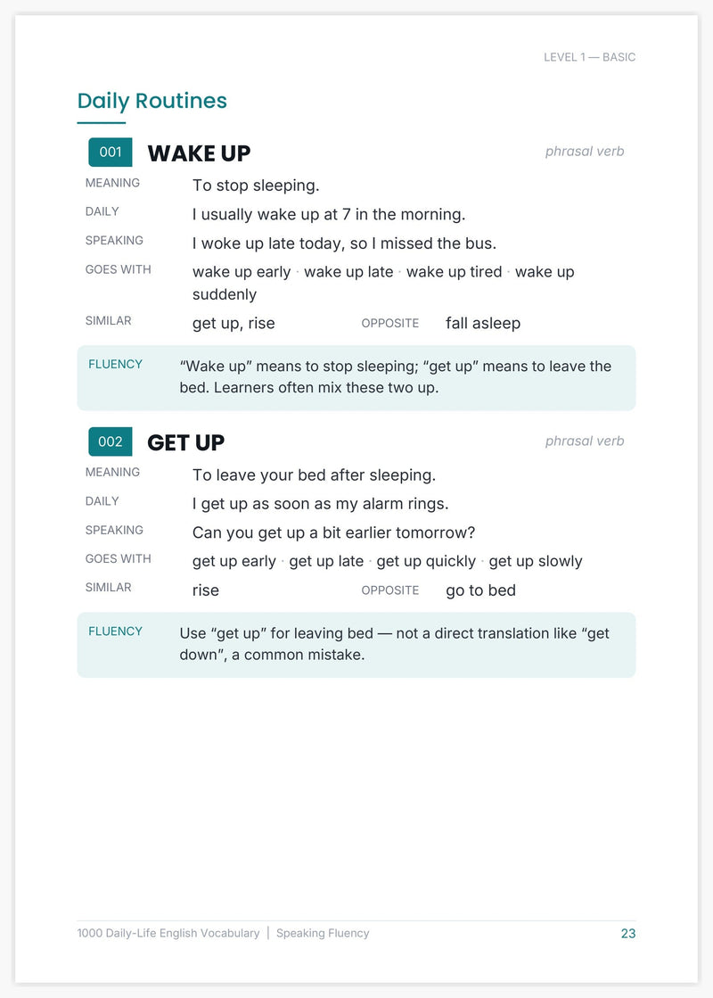 Preview page showing daily vocabulary entries with meaning, daily example, speaking example, collocations and fluency notes.